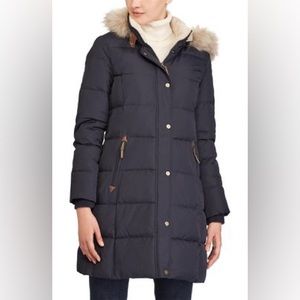 NWT Ralph Lauren NAVY Women's Faux-Fur-Trim Hooded Down Puffer Coat, Sz S